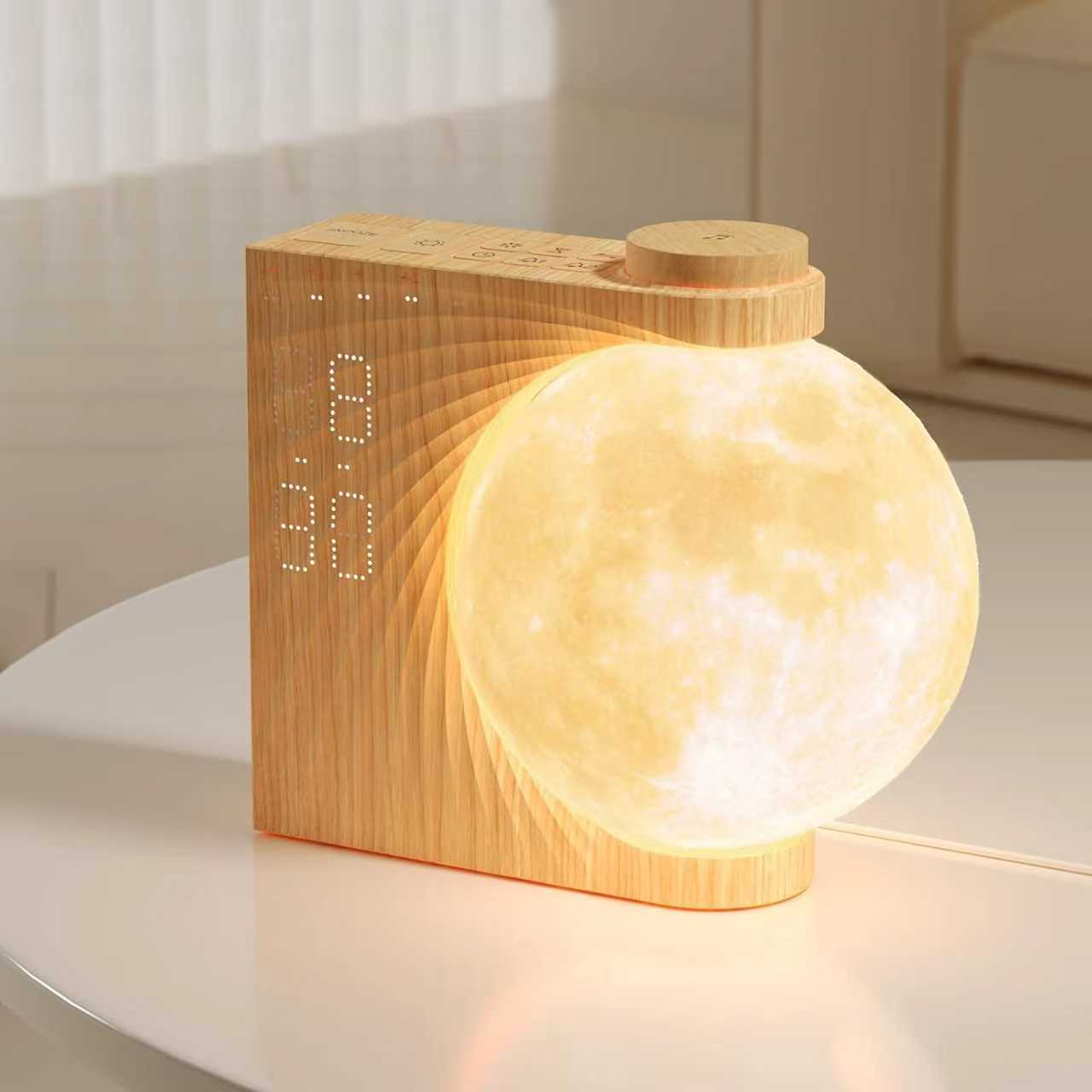 White Noise Machine Sleep - ムーンランプナイトライト、サンライズアラームクロック、ホワイトノイズサウンドマシン搭載、重い眠りの方向けデュアルアラーム、10種類のRGBナイトライト＆スリープタイマー、木目調デスククロック（寝室用）